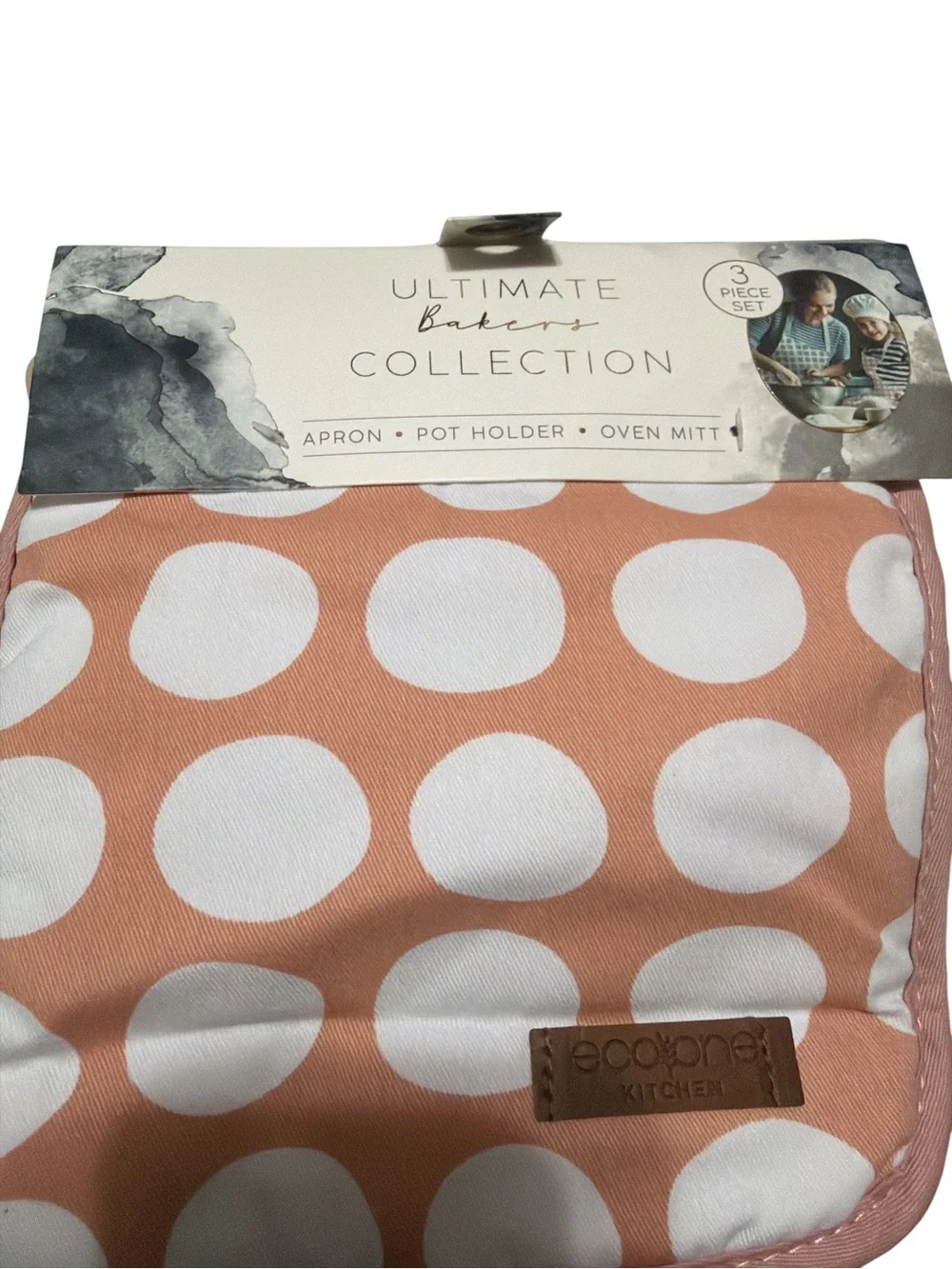NEW Eco One Kitchen 3-Pc Bakers Set Apron Pot Holder Oven Mitt Peach Polka Dot